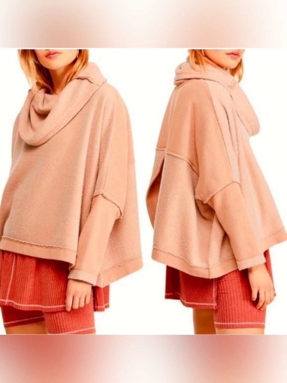 Free People Peach Huntington Oversized Cozy Cowl Fleece Sweater Pullover M L XL